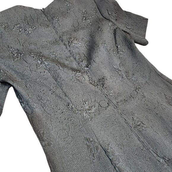 Vintage 70s Dress Black Embossed Floral‎ Short Sleeve Pencil Knee Length 10 M - Picture 6 of 13